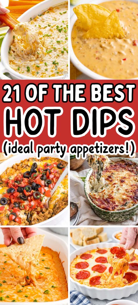 These are the best hot dip recipes for parties! Easy appetizer dips you can make ahead! Best cheap snacks for a crowd, hot appetizer recipes, hot appetizer dips, party food on a budget, must make hot dip recipes. Recipe For Appetizers Party Snacks, Easy Boat Dip, Good Party Appetizers, Make Ahead Dips For Parties, Most Popular Dip Recipes, Cold Party Dips Appetizers, Hot Party Dips Crock Pots, Hot Bread Dip, Dip With Cream Cheese 3 Ingredients