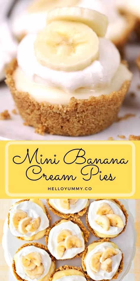 May 11, 2021 - These Mini Banana Cream Pies are such a simple and easy dessert that the kids can make all on their own! They make yummy mini treats. Delicious Desserts Recipes Easy, Mini Banana Pudding Pies, Mini Muffin Cup Desserts, My Mini Recipes, Easy Appetizers Sweet, Banana Cream Tarts, Fun Baking Recipes Desserts Easy, Sweet Orderves, Best Finger Foods For Parties Dessert