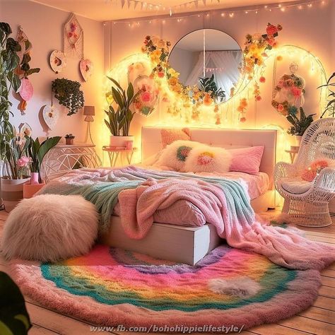 Elegant Boho Home Decor, Retro 70s Bedroom Ideas, Plant Maximalist Decor, Maximalist Girls Bedroom, Colorful Bedroom Aesthetic, Funky Retro Bedroom, Y2k Maximalist, Korean Bedroom, Home Decor Cozy