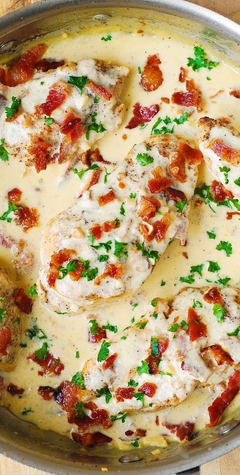 Asiago Chicken with Bacon Cream Sauce – tender and moist chicken breast cooked with lemon, garlic, bacon, in a delicious Asiago cheese cream sauce. #Asiago #chicken #chickenbreasts #bacon #creamsauce #chickenrecipes Cream Cheese Dinner, Chicken With Bacon Cream Sauce, Bacon Cream Sauce, Using Cream Cheese, Recipes Using Cream Cheese, Asiago Chicken, Chicken With Bacon, Cheese Dinner, Moist Chicken