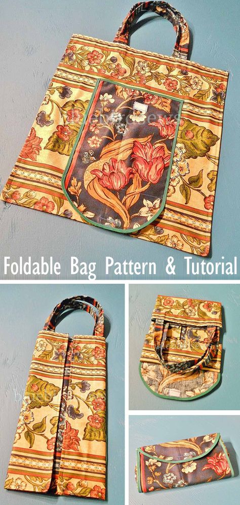 Fold Up Tote Bag Pattern, Folding Bags Diy, Folding Bag Pattern, Fabric Shopping Bag, Foldable Tote Bag Pattern, Foldable Bag Pattern, Foldable Shopping Bag Pattern, Handmade Bags Diy How To Make, Shopping Bag Diy