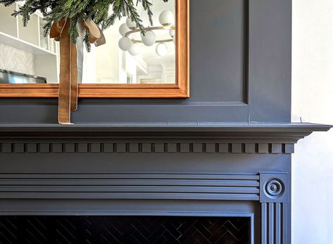 Dark Painted Mantle, Black Fire Surround, Diy Victorian Fireplace, Black Painted Fireplaces, Colonial Fireplace Mantle, Black Fireplace Makeover, Dark Gray Fireplace, Navy Fireplace, Black Fireplaces