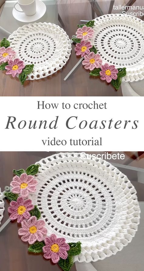 Crochet Round Coaster With A Floral Touch - CrochetBeja Round Table Crochet Patterns, Crochet Interior, Round Crochet Doily, Crochet Flower Coaster, Crochet Cup Coaster, Coaster Patterns, Coasters Crochet, Crochet Flower Blanket, Coaster Crochet