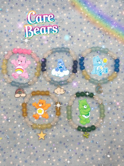 carebears  inspired beaded bracelets ! 2inches wide and is stretchy ! Care Bears Bracelet, Womp Womp Bracelet, Care Bear Pixel Art, Diy Matching Bracelets, Bracelet Ideas Glass Beads, Glass Bead Bracelet Ideas, Character Bracelets, Beaded Bracelets Ideas, Pulseras Ideas