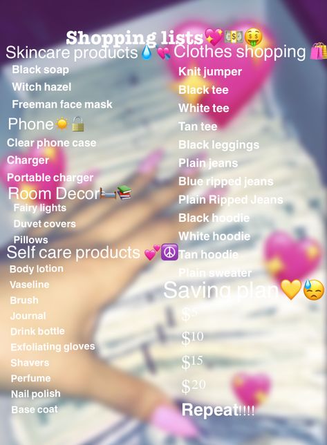 Shopping list 2019-2020 Personal Care Shopping List, Baddie Self Care Shopping List, What To Get At The Mall Shopping, Baddie Essentials List Clothes, Beauty Supply Store Shopping List, Shopping Spree List, Selfcare Shopping List, Baddie Shopping List, Baddie Accessories List