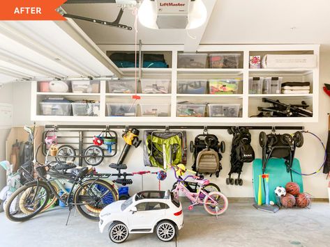 Garage Storage Stroller, Garage Ride On Toy Storage, Garage Storage And Playroom, Garage Sporting Goods Storage, Luggage Storage Ideas Garage, Outdoor Toy Organization For Kids, Garage Bike And Stroller Storage, Garage Storage For Bikes, Toy Storage For Garage