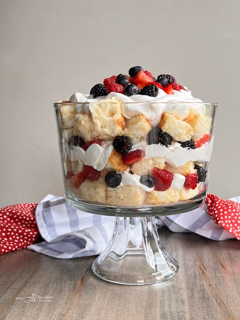 Patriotic Berry Trifle, Angle Food Trifle Desserts, Skinnytaste Red White And Blue Trifle, White Berry Cake, Angel Food Strawberry Trifle, Angel Food Berry Trifle, Memorial Day Desserts Angel Food Cake, Angle Food Cake Recipes 4th Of July, 4th Of July Angel Food Cake Trifle