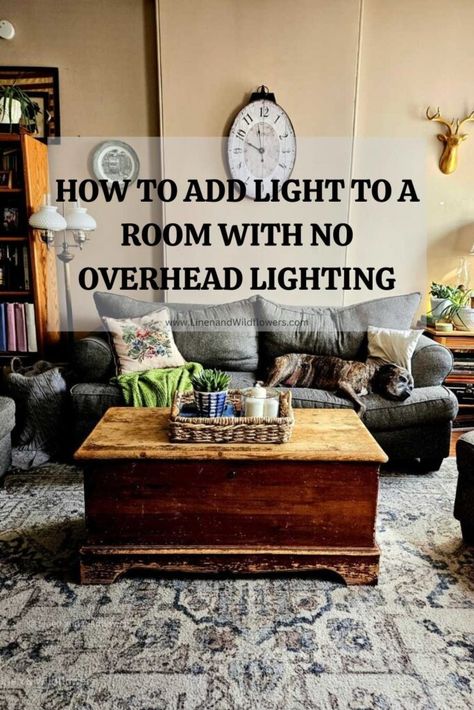 How to Add Light to a Room With No Overhead Lighting | Linen & Wildflowers Dark Apartment Lighting Solutions, Over The Couch Lighting, Living Room Lighting No Ceiling Light, Non Overhead Lighting, How To Light A Room With No Lights, Over Couch Lighting, Lights For Rooms With No Overhead Lights, Light Up Room Ideas, No Light Fixture In Living Room