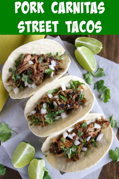 Pork Carnitas Street Tacos is a great way to feed a crowd. The incredibly tender pulled pork is well seasoned and charred at the end, and the tacos are garnished simply with onion and cilantro #streettacos #pork #porkcarnitas #pulledpork #porktacos #slowcookerpulledpork #slowcooker Street Taco Carnitas, Ground Pork Street Tacos, Pork Roast Street Tacos, Amazing Street Tacos, Pulled Pork Street Tacos Crock Pot, Crockpot Pork Street Tacos, Pork Sirloin Tacos, Diy Street Tacos, Pork Carnitas Street Tacos