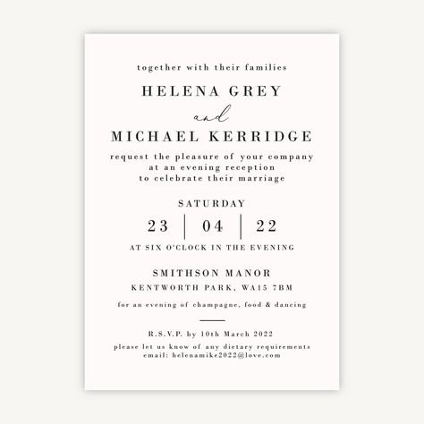 Address your guests in style with our classic Simple Script Evening Wedding Invitation. Your wording is printed in a pairing of traditional uppercase serif and beautiful feminine script fonts. There is space for a warm welcoming message alongside venue information, important times, and RSVP terms on this timeless curated card. Evening Wedding Invitations, Large Wedding Signs, Place Card Table Wedding, Folded Wedding Invitation, Evening Reception, Script Wedding Invitations, Wedding Guest Book Sign, Signature Drinks Sign, Reception Invitations