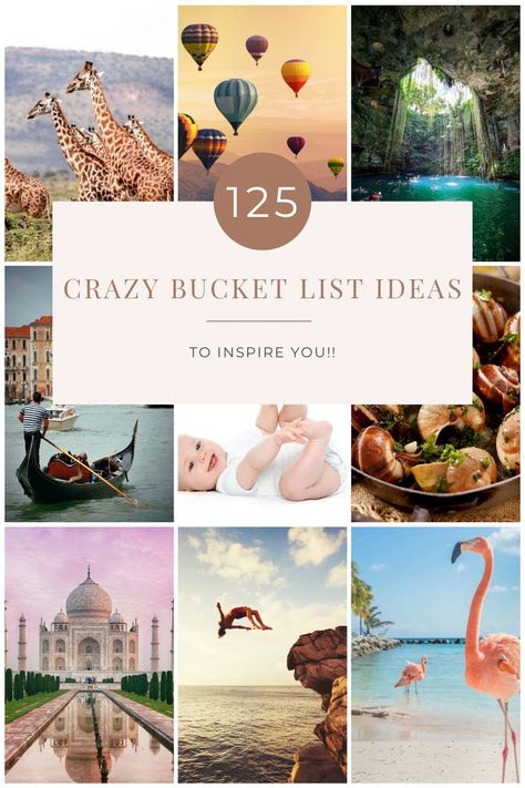 125 crazy bucket list ideas to inspire you as you make your own bucket list. From adventure filled bucket list ideas to keep you on your toes. Fun animal and nature bucket list activities. Plus several relationship bucket list ideas to build bonds! There are even a few food bucket list suggestions for the foodies out there. Bucket List Ideas Funny Crazy, Bucket List Ideas Adrenaline, Crazy Adventures Bucket Lists, Baddie Bucket List, Weird Bucket List Ideas, Adventure Bucket List Activities, Yearly Bucket List Ideas, Bucket List Experiences, Bucket List Travel Ideas