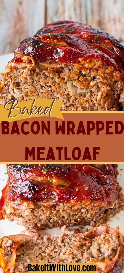 My bacon-wrapped meatloaf is the ultimate comfort food, combining the savory goodness of traditional meatloaf with a crispy bacon exterior. This dish boasts a juicy, flavorful interior that's perfectly seasoned and wrapped in smoky, crispy bacon. Whether you're looking for a hearty family meal or an impressive dish for guests, this bacon-wrapped meatloaf will not disappoint. #ComfortFood #BaconLover #MeatloafRecipe #DinnerIdeas #HomeCooking Meatloaf With Bacon On Top, Bacon Meatloaf Recipes, Meatloaf With Bacon, Meatloaf With Gravy, Savory Meatloaf, Ground Beef Meatloaf, Bacon Meatloaf, Bacon Wrapped Meatloaf, Traditional Meatloaf