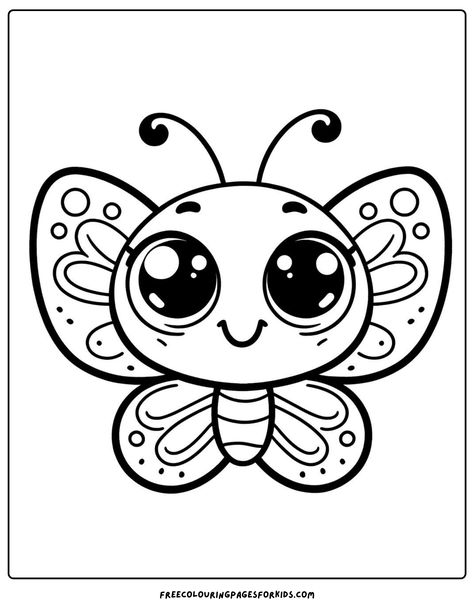 adorable butterfly with big, happy eyes and a smiling mouth Butterfly Cute Drawing, Butterfly Colouring Pages, Butterfly Drawing For Kids, Butterfly Coloring Pages Free Printable, Butterflies Coloring Pages, Inkleur Prente, Butterfly Colouring, Butterfly Coloring Pages, Butterfly Cute