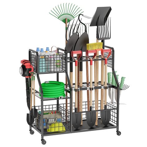 PRICES MAY VARY. 【Upgraded Tool Racks】Upgraded gardening tool rack that integrates shelves, large tool slots, small tool racks, baskets, hooks, and buckles. The ingenious design allows the tool rack to store tools of various sizes, and has a strong load-bearing capacity to realize comprehensive storage of garden tools. 【With Extra Storage Basket】Felnuhee garden tool rack takes into account that the items on the rack will shake with it when moving, so we add a square storage basket above the rack Tier Garden, Garden Tool Organizer, Garden Tool Rack, Garden Tool Organization, Garden Garage, Tool Stand, Yard Tools, Tiered Garden, Garage Shed