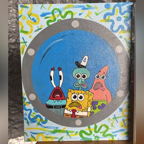 Spongebob Painting, Aesthetic Silly Canvas Paintings, Spongebob Meme, Deer Signs, Spongebob Painting, Painting Aesthetic, Painting Canvases, Boat Painting, Cat Statue, Hand Painted Ornaments