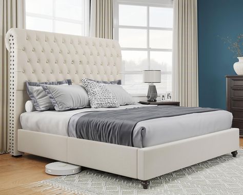 Bed Frame Velvet, Cream Bed, Upholstered Queen Bed Frame, Tufted Bed Frame, California King Bed Frame, Platform Bed Designs, Wingback Bed, Queen Upholstered Bed, Tall Headboard