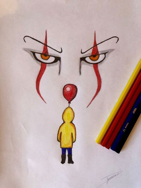 Drawing Pennywise, Pennywise Painting, Pennywise Georgie, Gambar Halloween, Balloon Pumpkin, Chucky Drawing, It Sketch, Easy Halloween Drawings, Cute Halloween Drawings