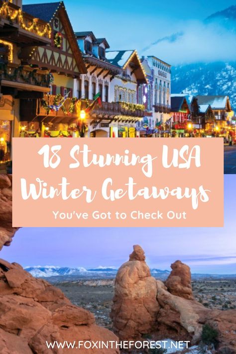 The top places to go in the USA in winter. Amazing winter getaways in the USA that are absolutely stunning. Snow Places Travel, Winter Cabin Vacation, Winter Birthday Trip Ideas, Winter Vacation Destinations, Midwest Winter Getaways, Romantic Winter Getaways In The Us, December Weekend Getaway, Us Winter Travel Destinations, Winter Honeymoon Destinations Usa