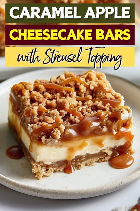 If you love apple orchards and cheesecake, these caramel apple cheesecake bars with streusel topping and caramel sauce are about to blow your mind. Caramel Apple Strudel Cheesecake, Carmel Apple Cheesecake Bars Recipe, Caramel Apple Crisp Cheesecake Bars, Caramel And Apple Desserts, Caramel Apple Cheesecake Bars Paula Deen, Caramel Apple Blondie Cheesecake, Apple Cheesecake Bars With Graham Cracker Crust, Caramel Cheesecake Bread, Carmel Desserts Recipes