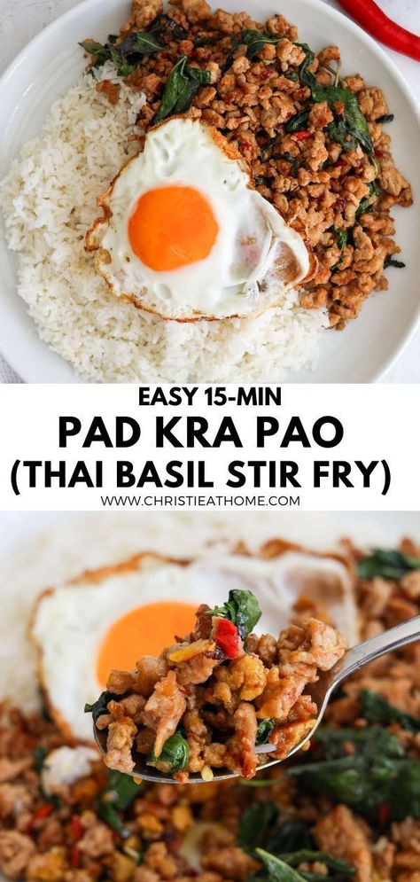 Pad Kra Pao (Thai Holy Basil Stir-Fry). If you love Thai food, you must try this savory meat stir-fry with holy basil, red chilis, garlic and shallots! This popular Thai dish is ready in 15 minutes with simple ingredients and is so delicious! Thai Chilli Basil Chicken Stir Fry, Beef Basil Thai Stir Fry, Healthy Asian Stir Fry, Kra Pow Chicken, Pad Krapow Gai, High Protein Thai Food, Pad Kra Pow Recipe Thai Basil Chicken, Thai Meal Ideas, Pad Gra Pow Thai Basil Chicken