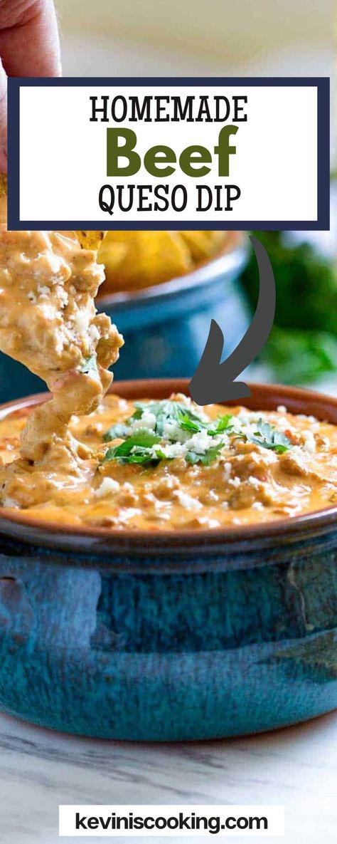 Looking to take your next party up a notch? Serve up this Homemade Beef Queso Dip recipe! It’s so easy to make and tastes much better than store-bought versions. Made with Pepper Jack and sharp cheddar cheeses, it’s ooey, gooey, and delectable! This dip only takes about 10 minutes to prep and under 20 minutes to bake up and become cheesy as can be. You can keep things simple and serve with your favorite tortilla chips, but there are so many other ways to enjoy it! Beefy Queso, Beef Queso Dip, Creamy Chili, Chili Cheese Dip, Queso Dip Recipe, Beef Dip, Chili Cheese Dips, Crock Pot Dips, Queso Dip Recipes