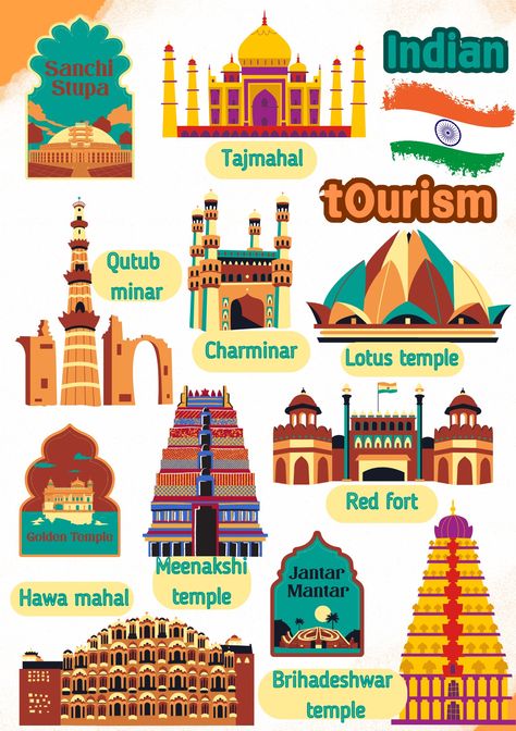 Indian tourism reflecting theme artwork 🎭🎨🖌️🧾 Indian Tourism, Sanchi Stupa, Tourism In India, India Tourism, Lotus Temple, Jantar Mantar, Red Fort, India Country, Indian Temple