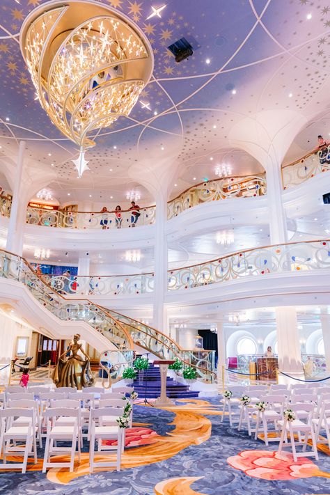 Disney Wish Cruise Wedding, Disney Cruise Wedding, Cinderella Wedding Theme, Disney Wedding Venue, Disney World Wedding, Disney Wish, Cocktail Lounge, Grand Hall, Disney Fairy Tale Weddings