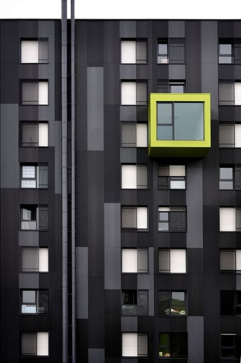 This image shows the emphasis of the green window with the black building. From: Flickr Featured Wall, Installation Architecture, Architecture Cool, Lego Fire, Future Architecture, Philip Johnson, Lots Of Windows, Ludwig Mies Van Der Rohe, Renzo Piano