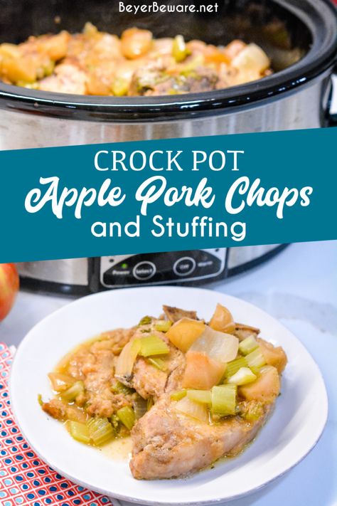 Crock pot apple pork chops is a flavorful crock pot pork chop recipe with lots of apples, onions, celery and cornbread stuffing. Apple Pork Chops Crockpot, Stuffing Recipes Crockpot, Crockpot Stuffing, Pork Chops With Apples, Pork Crockpot Recipes, Pork Chop Recipes Crockpot, Ranch Pork Chops, Apple Pork, Stuffing Ingredients