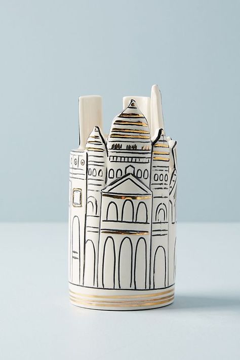 Slide View: 2: Cityscape Pencil Cup Clay Pen, Primitive Homes, Rose Gold Sparkle, Pencil Cup, Cement Crafts, My Art Studio, Ceramics Ideas Pottery, Shabby Chic Homes, Chic Home Decor