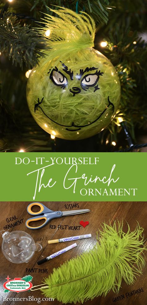 The Grinch™ had it right all those Christmases ago when he puzzled and puzzled with his brow tipped low. “Maybe Christmas,” he thought, “doesn’t come from a store. Maybe Christmas … perhaps … means a little bit more!” And it’s in that spirit we bring you this thrill, a Grinch™ ornament all your own made with patience and a little skill! From the Grinch who stole Christmas™ to the Grinch™ who stole your heart – this DIY ornament is truly a work of art! The Grinch Diy Ornaments, Grinch Clear Ornament Ideas, Diy Christmas Ornaments For Work, Christmas Diy With Ornaments, Grinch Tree Ornaments Diy Christmas, Christmas Crafts Lights, Grinch Ball Ornaments, Christmas Ornaments Theme, The Grinch Christmas Ornaments Diy