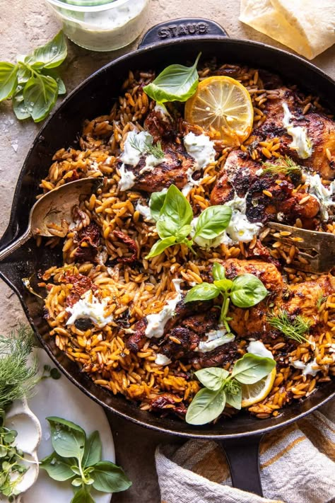 One Skillet Chicken Tzatziki and Orzo | halfbakedharvest.com Chicken Tzatziki, One Skillet Chicken, Tzatziki Chicken, Chicken Enchilada Bake, Half Baked Harvest Recipes, College Cooking, Homemade Tzatziki Sauce, Homemade Tzatziki, Skillet Dishes