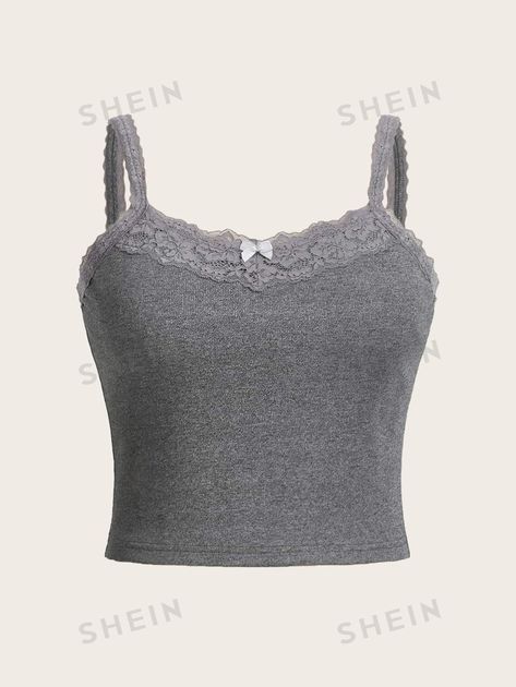 ROMWE Plus Lace Trim Cami Top Grey Aura, Grey Top Outfit, Grey Cami Top, Grey Clothes, Y2k Fashion Early 2000s, Lace Tank Tops, Grey Lace Top, Lace Trim Cami Top, Top Summer Outfits