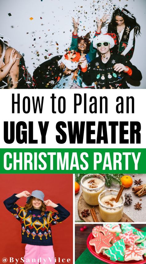 How to plan an ugly sweater Christmas party Christmas Party Ugly Sweater Theme, Ugly Sweater Couple Ideas, Ugly Christmas Sweater Party Ideas Decor, Ugly Sweater Diy Funny, Ugly Christmas Sweater Party Ideas Food, Ugly Sweater Christmas Party Decorations, Diy Christmas Sweater Ideas, Ugly Sweater Christmas Party Ideas, Ugly Sweater Party Food