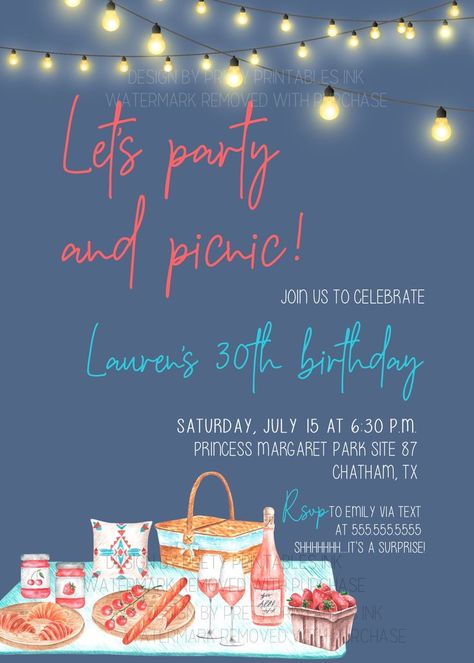 Night time boho picnic party invitaiton featuring a navy blue background, lit up string lights and boho watercolor picnic items. Customized party details go along the right-hand side. Adult Summer Party, Rooftop Birthday, Picnic Invite, Summer Birthday Party Invitations, Backyard Birthday Party, Dinner Party Invite, Picnic Invitations, Backyard Gathering, Wedding Rehearsal Invitations