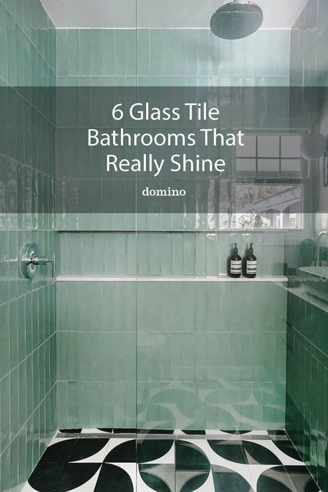 Subway Tile With Glass Tile Accents Bathroom, Green Glass Bathroom Tile, Glass Tiled Showers, Glass Bathroom Tile Ideas, Glass Shower Tiles, Blue Glass Tile Shower Ideas, Glass Tile Shower Ideas Wall, Glass Tile Shower Walls, Green Glass Tile Bathroom