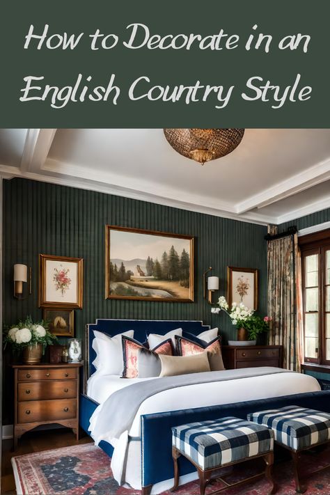 English Green Bedroom, Tartan Bedroom Ideas English Country, British Room Decor, Old English Bedroom Cottage Style, Green English Bedroom, English Hunting Lodge Bedroom, British Cottage Interior Bedroom, Moody English Bedroom, Country Club Aesthetic Bedroom