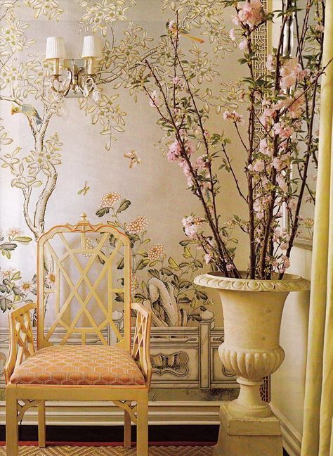 A Hollywood Regency Style Inspired Media Room - exquisite Chinoiserie vignette by Ruthie Sommers Chinoiserie Vignette, Ruthie Sommers, Regency Bedroom, Casa Feng Shui, Gracie Wallpaper, Chinoiserie Furniture, Bedskirts, Regency Decor, Hollywood Regency Decor