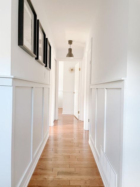 Board And Batten In Foyer Entryway, Modern Wanescotting Hallway, Foyer Waynes Coating, Panelling Narrow Hallway, Hallway Wanes Coating, Waynescotting Ideas Hallways, Wayne’s Coating Hallway, Modern Molding On Walls, Waynes Coating Hallway