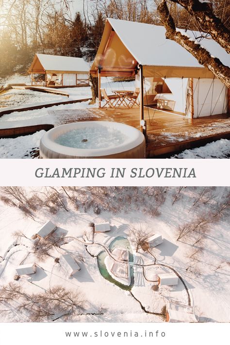 Do you like glamping and are also a fan of travelling? Well, have you ever tried glamping during winter? NO? You should definitely try it! Just imagine waking up at this idyllic location in Slovenia, surrounded by nature and snow! May the winter adventures begin! #glamping #slovenia #feelslovenia #traveltips #luxurytravel #glampingideas #glampingslovenia #sloveniaglamping | Places to visit in Europe | where to stay in Slovenia | Travel to Slovenia | luxury travel destinations Winter Glamping, Bell Tent Camping, Places To Visit In Europe, Slovenia Travel, Glamping Resorts, Luxury Travel Destinations, Luxury Glamping, Camping Organization, Glamping Site