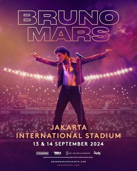 Resmi! Bruno Mars akan menyelenggarakan konser di Jakarta pada 13 dan 14 September 2024 di Jakarta International Stadium (JIS). Pembelian tiket akan dibagi dua yaitu, Mandiri Presale dimulai pada 27 Juni pukul 10.00 hingga 28 Juni pukul 23.59 WIB eksklusif di fitur Livin’ by Mandiri. Dan penjualan tiket umum akan dimulai pada 29 Juni pukul 10.00 WIB, dan terbuka untuk semua metode pembayaran hanya di brunomarsinjakarta.com. Genhype udah siap buat war? 🤩🤩 #Hypeabisid #HypeUrban #BrunoMars ... Mars Poster, Bruno Mars Concert, Talking To The Moon, Uptown Funk, You're Amazing, Bruno Mars, September 2024, The Way You Are, Concert Posters