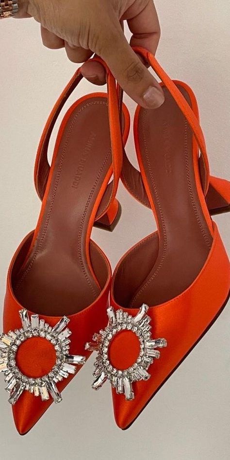 Orange Heels Aesthetic, Orange High Heels, Heels Orange, Amina Muaddi Heels, Amina Muaddi Shoes, Balmain Shoes, Fancy Heels, Heels Aesthetic, Orange Heels