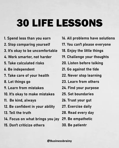 30 Life Lessons Follow @businessbrainy ❤️Like | Comment | Save | Share Turn on post notifications📢 | Instagram 20 Motivational Life Lessons, 20 Life Lessons, Life Lessons Quotes, Quotes Life Lessons, November Quotes, Turning 20, Study Flashcards, Lesson Learned, Important Life Lessons