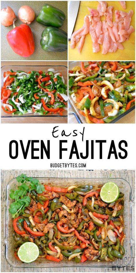 Easy Oven Fajitas practically cook themselves with no need to slave over a hot griddle. @budgetbytes Oven Fajitas, Menu Sarapan Sehat, Baked Chicken Fajitas, Pan Chicken Fajitas, Budget Bytes, Iron Chef, Easy Oven, Steak Fajitas, Oven Baked Chicken