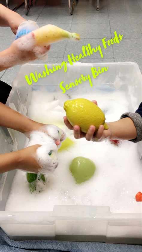 Health Sensory Bin, Healthy Preschool Theme, Healthy Food Sensory Bin, Healthy Body Activities For Preschoolers, Healthy Eating Crafts For Toddlers, Healthy Living Activities For Preschool, Healthy Eating Sensory Bin, Nutrition Sensory Bin, Fruit Sensory Play