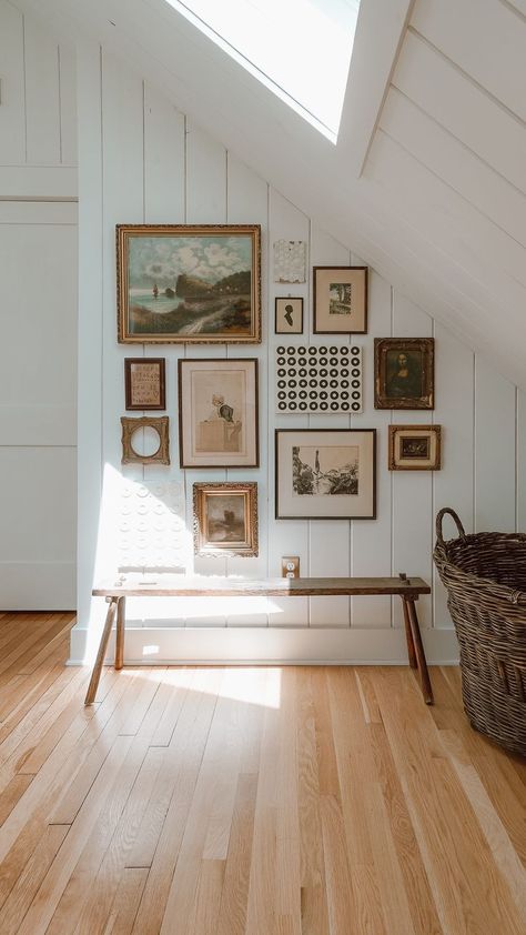 Office Decor Gallery Wall, Attic Gallery Wall, Gallery Wall Ideas Vaulted Ceiling, Gallery Wall Cottage, Gallery Wall Above Bench, Wooden Frame Gallery Wall, Art Above Doorway, Gallery Wall With Bench Underneath, Gallery Wall And Shelves