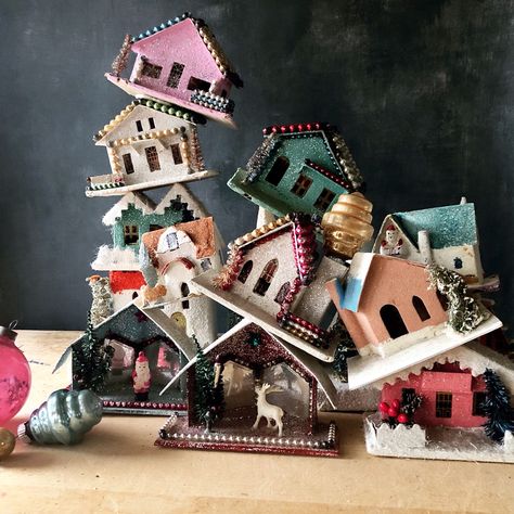 Vintage Putz Houses, Putz House, Village Christmas, 1950s Christmas, Winter Village, Pastel House, Glitter Houses, Putz Houses, Cardboard House