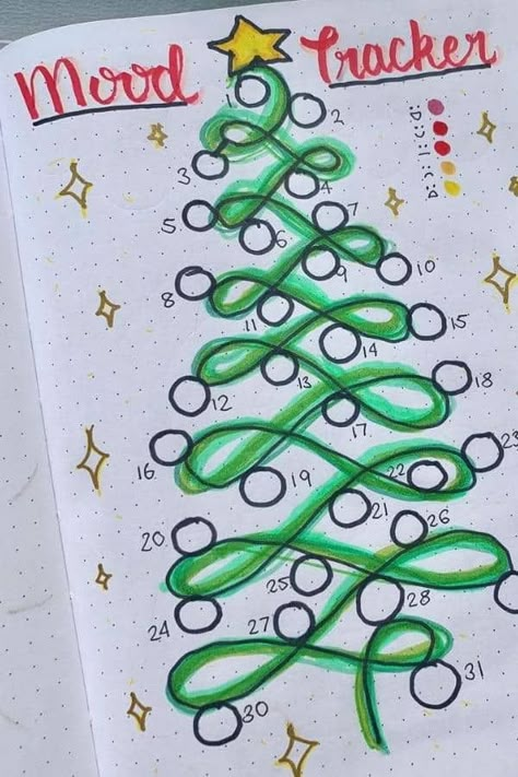 What I love about this mood tracker is that it's Christmas-y and has all the elements of the winter season decorations. You can use it to track your mood during the Christmas season, or any time of year! #ChristmasMoodTracker #Bujo #Christmas Christmas Mood Tracker Ideas, Things To Do Christmas Time, Christmas Countdown Drawing, Journaling Christmas Ideas, Things To Do In Journal, December Mood Tracker Bullet Journal, Christmas List Bullet Journal, Year In Pixels Ideas, December Bullet Journal Mood Tracker