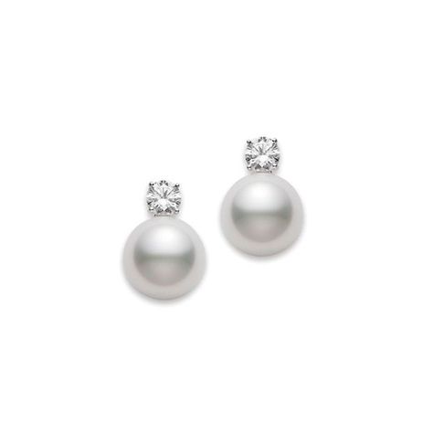 18K white gold Akoya pearl and diamond earrings featuring two 5mm Akoya pearls and two round brilliant cut diamonds weighing .04 ctw. Designed by Mikimoto. Pearl Diamond Studs, Pearl Earrings With Diamonds, Pearl Diamond Earrings Stud, Pearl With Diamond Earrings, Pearl And Diamond Earrings Studs, Mikimoto Pearl Earrings, Mikimoto Earrings, Pearl Earrings Studs, Diamond And Pearl Earrings