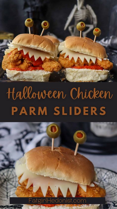 Halloween Chicken Parm Sliders, Halloween Quick Dinner, Halloween Themed Toddler Food, Monster Sliders Halloween, Goosebumps Themed Food, Halloween Mini Sandwiches, Halloween Themed Sliders, Halloween Entrees For Party, Halloween Chicken Dinner Ideas